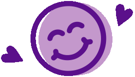 Icon of a purple smiley face surrounded by two hearts